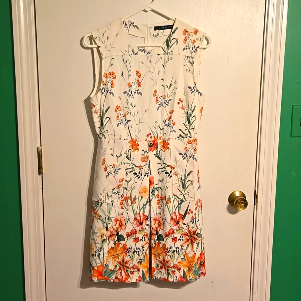 Zara women's S white with orange floral mid dress